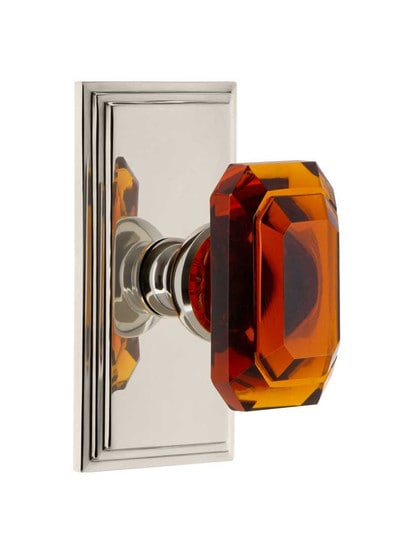 Grandeur Carre Rosette Door Set with Amber Crystal-Glass Baguette Knobs in Polished Nickel.